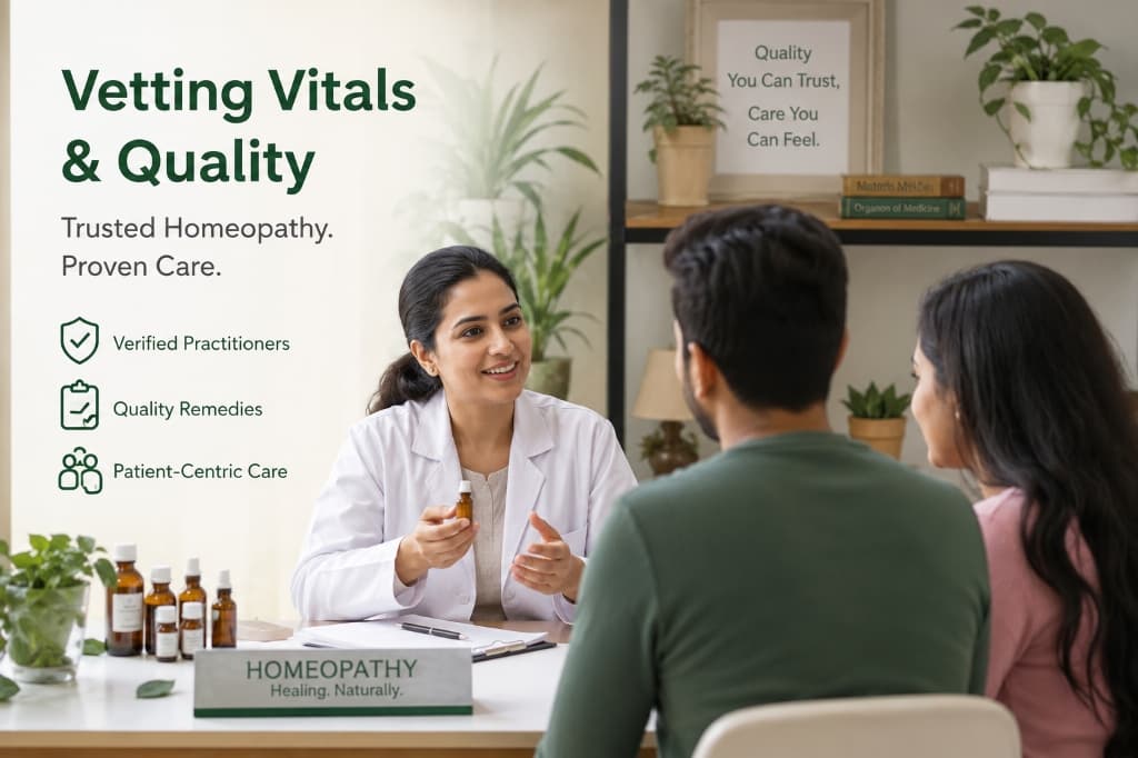 Homeopathic doctor consulting patient couple in clinic - Vetting Vitals and Quality